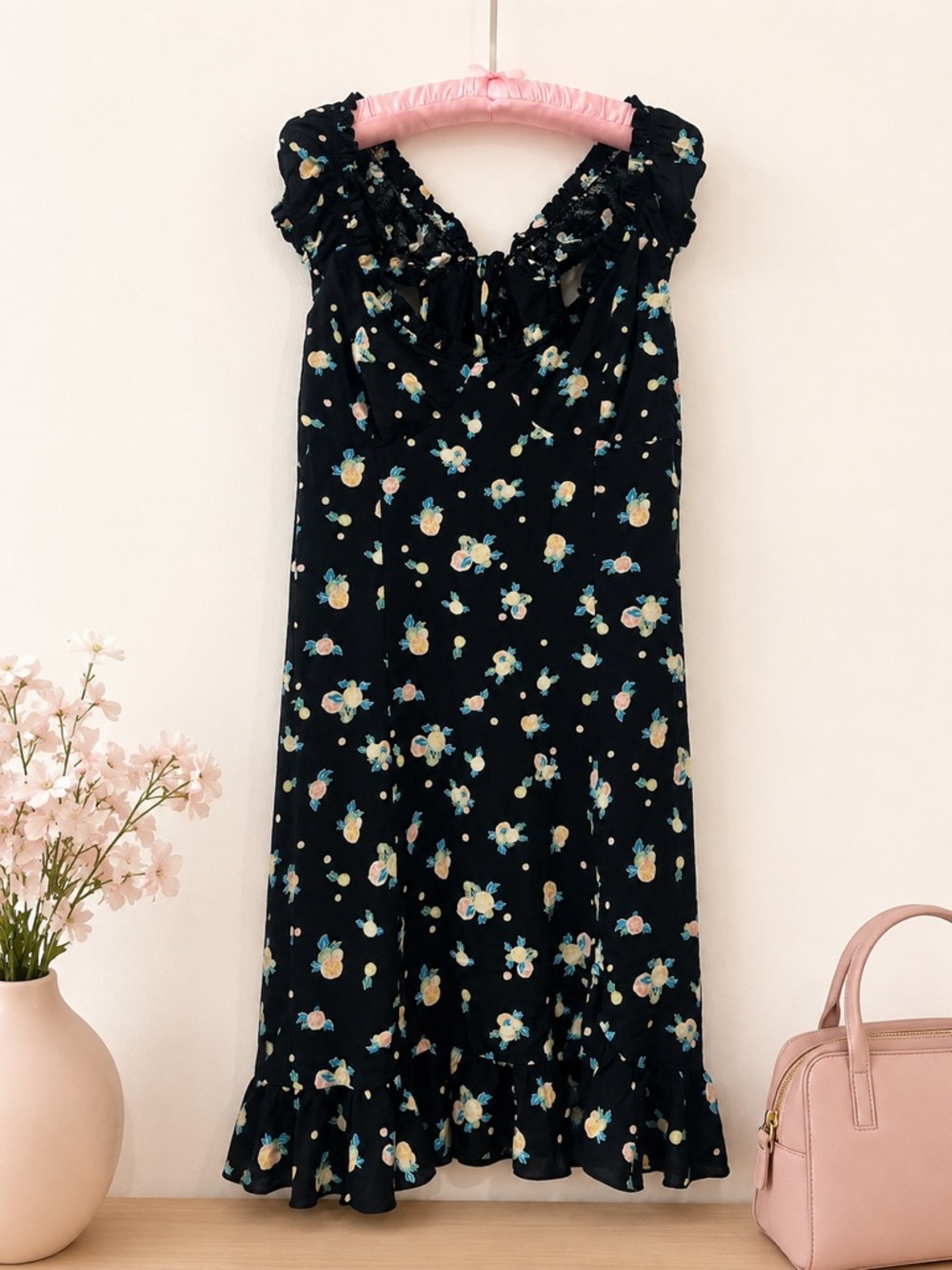 Free People Like A Lady Black Floral Ruffle Hem Midi Dress XL